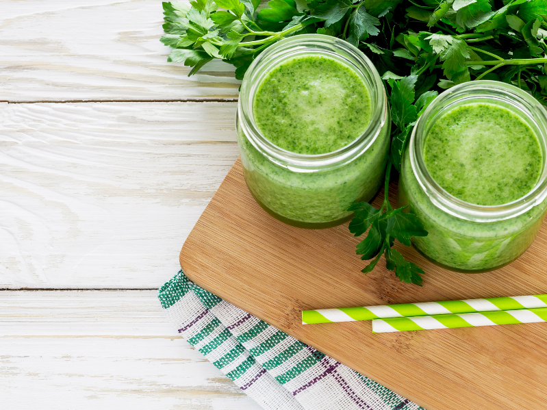 green smoothie in glass jar
