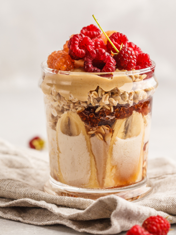 overnight oats topped with raspberries