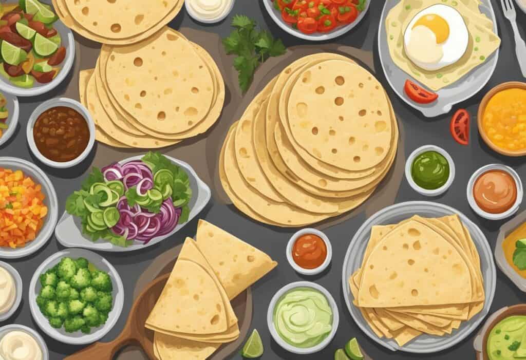 Illustration of a table filled with tortillas and different toppings.